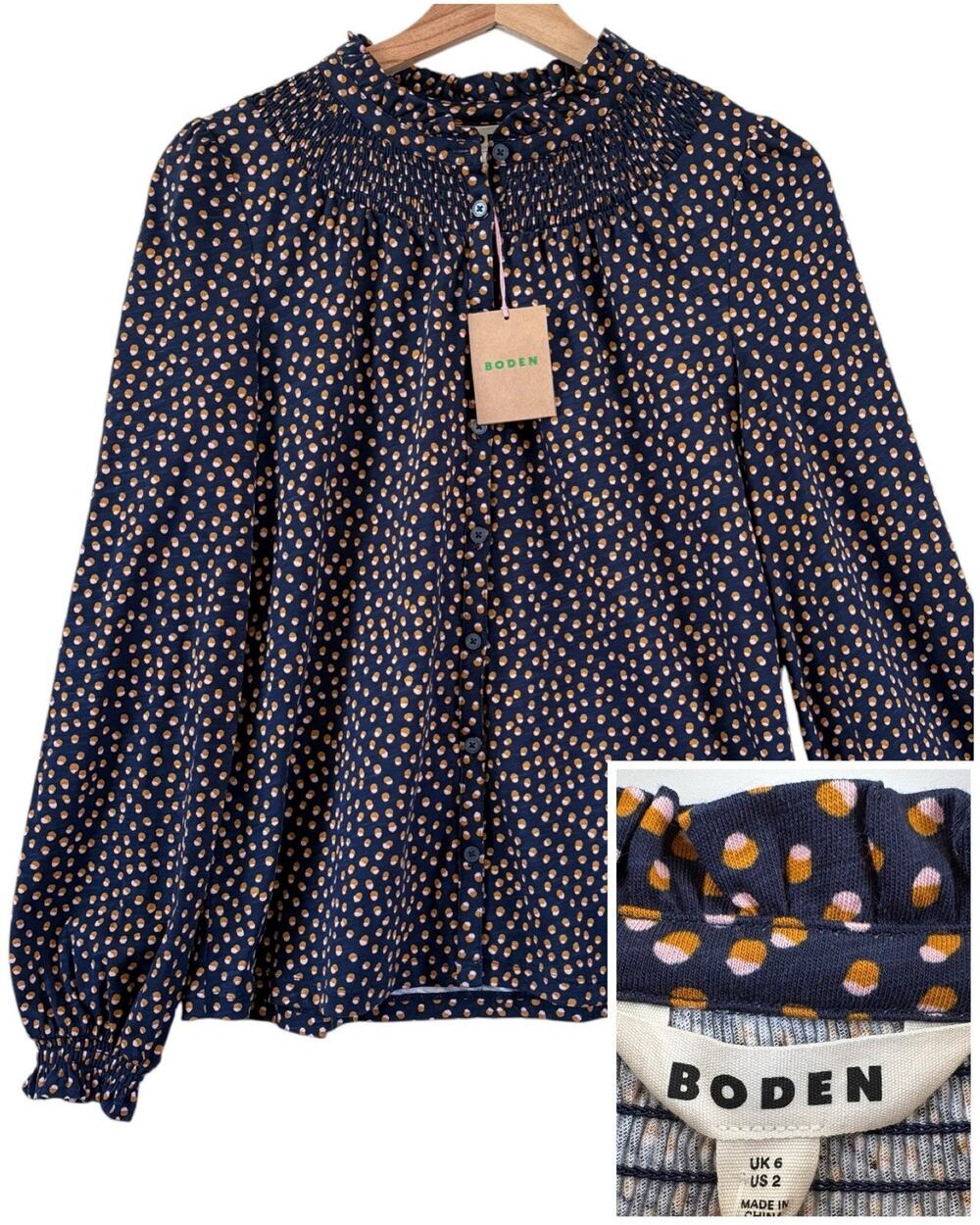 Boden Fay Smocked Jersey Shirt US 2 Cotton Tencel High Neck Button-Up Navy Tan